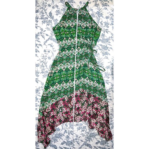 BCBGMAXAZRIA Keelie Asymmetrical Halter Dress - Kelly Green & Pink Floral Print - Picture 6 of 10